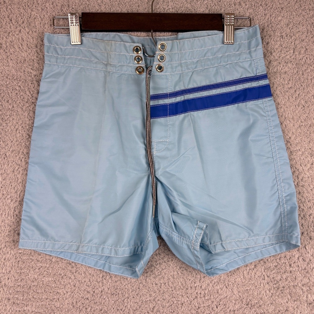 Vintage Birdwell Beach Britches Board Shorts Men 28 Blue Striped Surf Nylon Swim